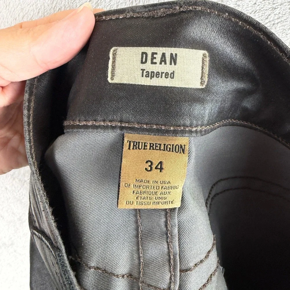 True Religion Dean Tapered Waxed Coated Jeans Charcoal Grey Mens 35x33